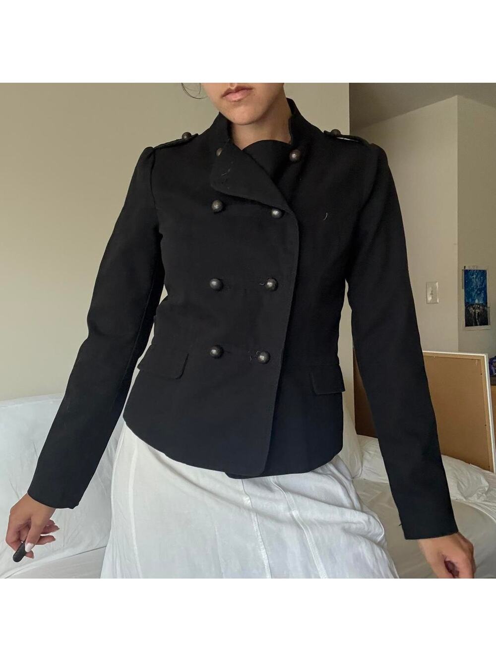 Black military inspired jacket with silver buttons
